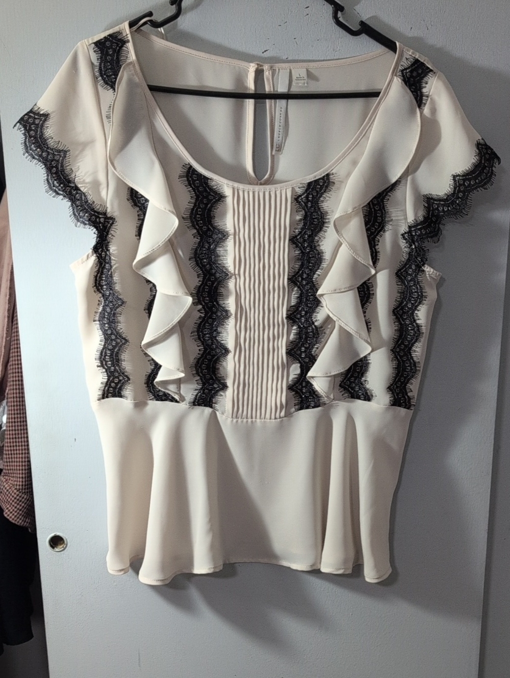 LC Lauren Conrad Cream Peplum Top with Black Lace Ruffles